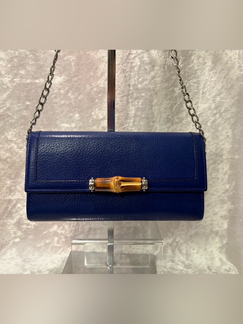 Gucci Bamboo Pebbled Calfskin Floral Interior Continental Wallet Blue COA